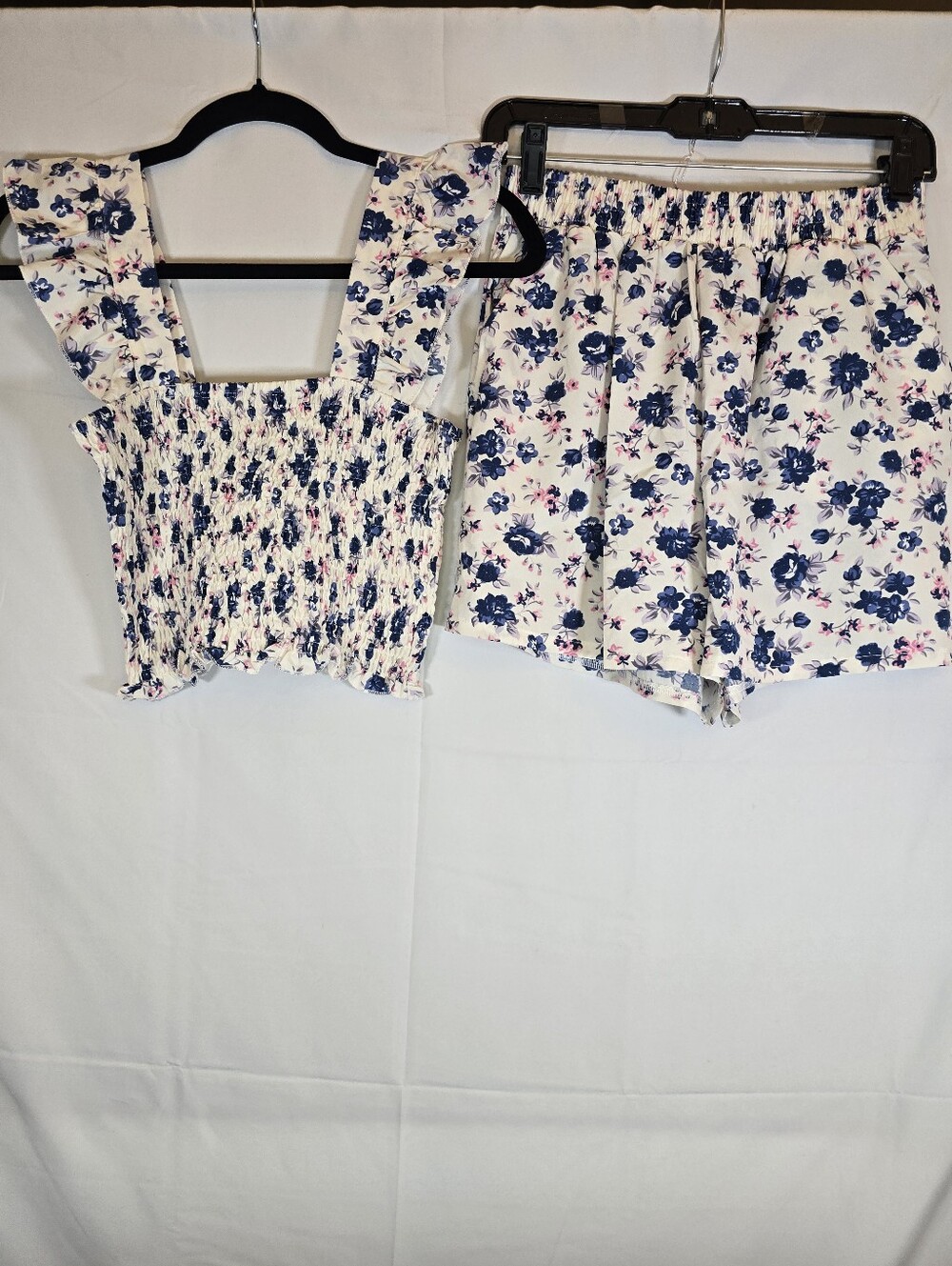 White & Navy Floral Ruffle Smocked Crop Top and Shorts Set